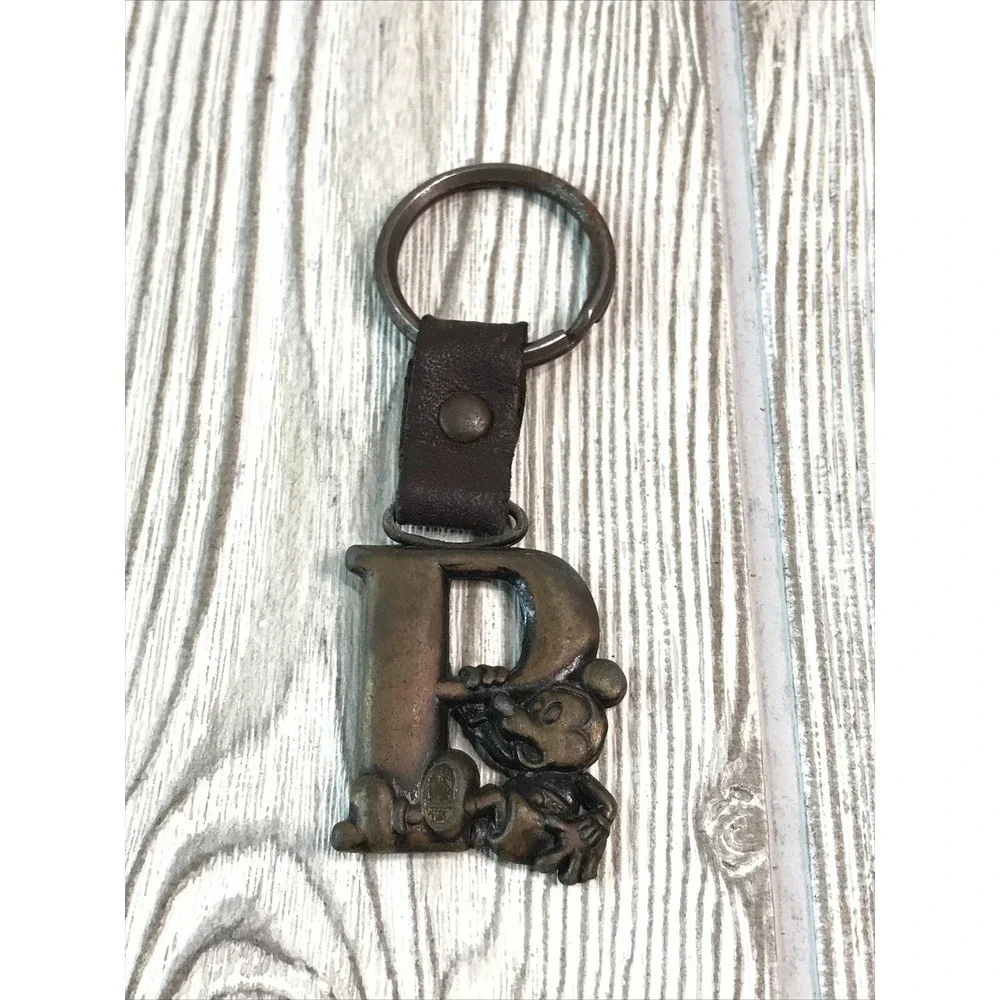 Vintage Disney Mickey Mouse Initial P Keychain Bronze Tone Metal Leather Strap